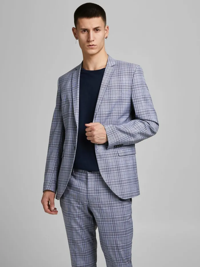 Tailoring JACK and JONES Mens SUPER SLIM FIT TARTAN CHECK BLAZER Blue Grey Melange Tailoring JACK and JONES Mens SUPER SLIM FIT TARTAN CHECK BLAZER Blue Grey Melange