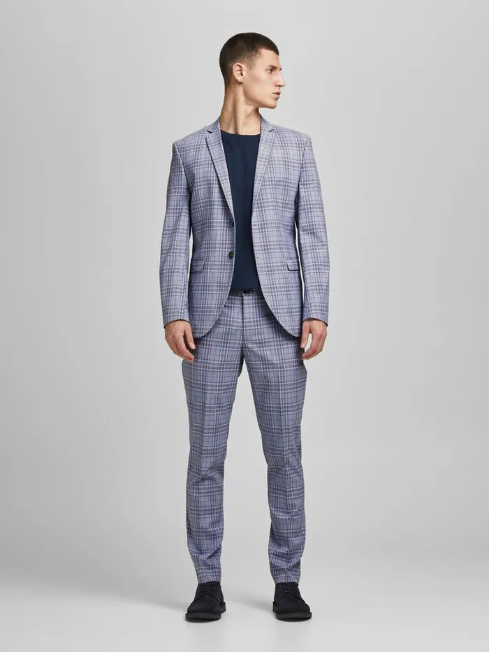 Tailoring JACK and JONES Mens SUPER SLIM FIT TARTAN CHECK BLAZER Blue Grey Melange