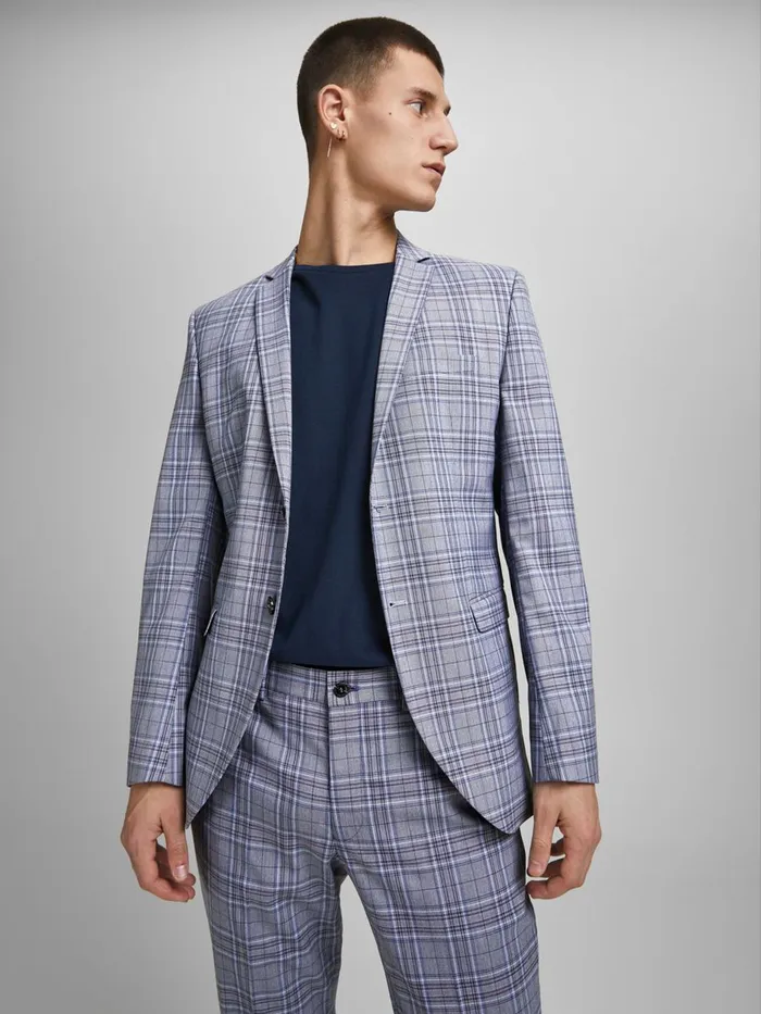 Tailoring JACK and JONES Mens SUPER SLIM FIT TARTAN CHECK BLAZER Blue Grey Melange