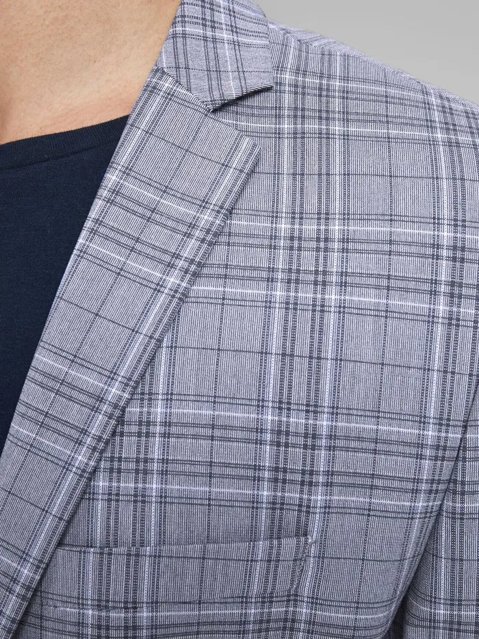 Tailoring JACK and JONES Mens SUPER SLIM FIT TARTAN CHECK BLAZER Blue Grey Melange