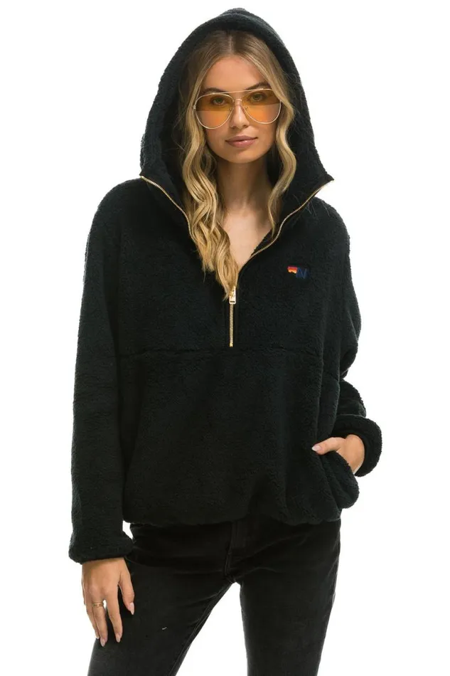 Teddy Unisex Hooded Half Zip Jacket 8211 Black WomenMen Aviator Nation Teddy Jackets Teddy Unisex Hooded Half Zip Jacket 8211 Black WomenMen Aviator Nation Teddy Jackets