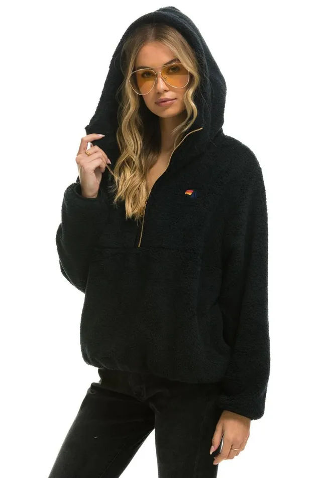 Teddy Unisex Hooded Half Zip Jacket 8211 Black WomenMen Aviator Nation Teddy Jackets