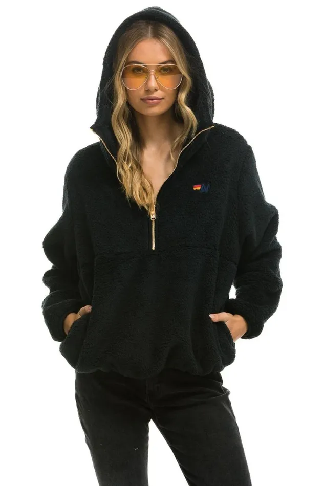 Teddy Unisex Hooded Half Zip Jacket 8211 Black WomenMen Aviator Nation Teddy Jackets