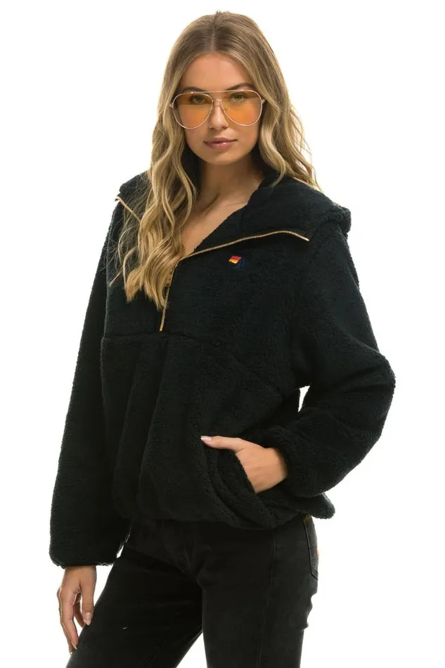 Teddy Unisex Hooded Half Zip Jacket 8211 Black WomenMen Aviator Nation Teddy Jackets