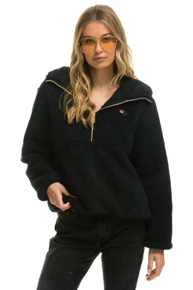 Teddy Unisex Hooded Half Zip Jacket 8211 Black WomenMen Aviator Nation Teddy Jackets