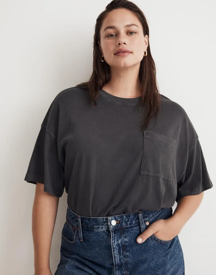 Tees Women Madewell GarmentDyed Oversized Pocket Tee Black Coal