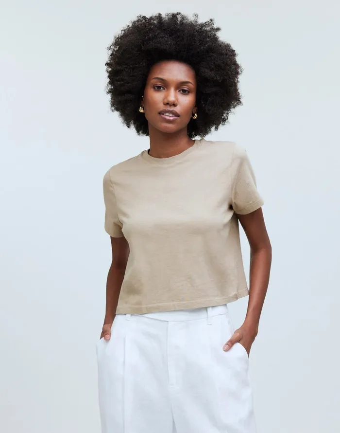 Tees Women Madewell Softfade Cotton BoxyCrop Tee Drill Khaki