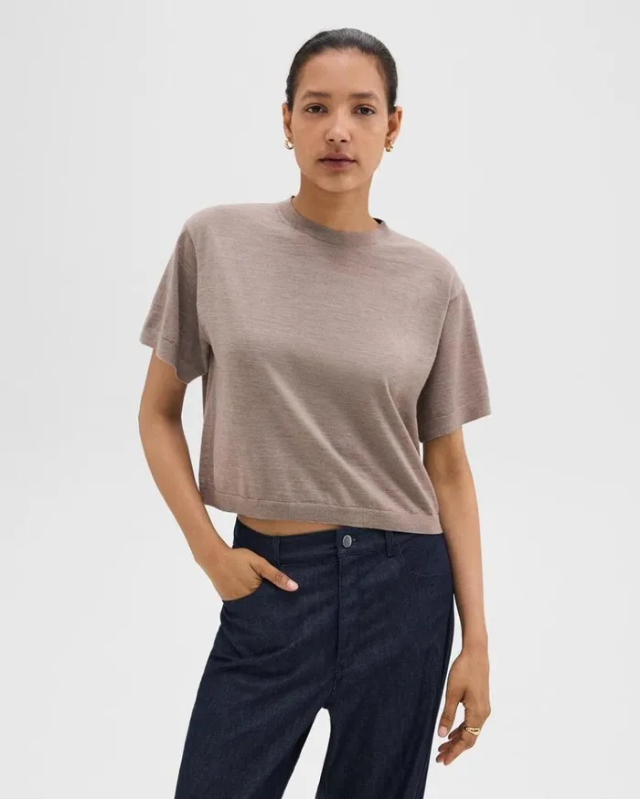 Theory Boxy Tee In Regal Wool Light Cinder Women TShirts Tank Tops