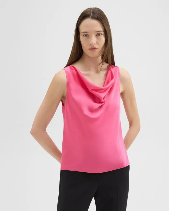 Theory Cowl Neck Top In Crushed Satin Pink Azalea Women Tops