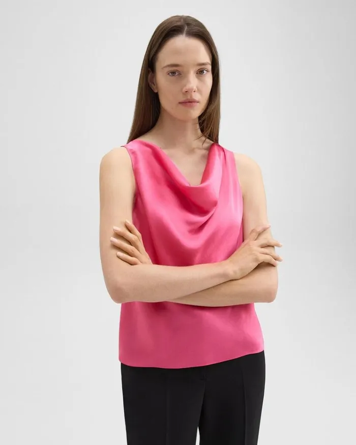 Theory Cowl Neck Top In Crushed Satin Pink Azalea Women Tops Theory Cowl Neck Top In Crushed Satin Pink Azalea Women Tops