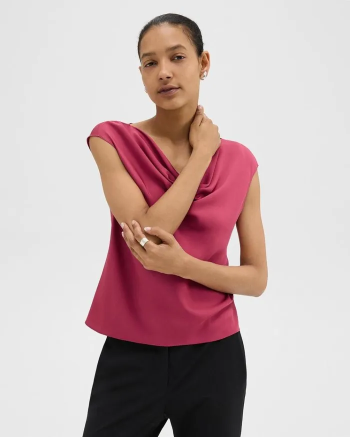 Theory Cowl Neck Top In Silk Georgette Deep Rose Women Tops