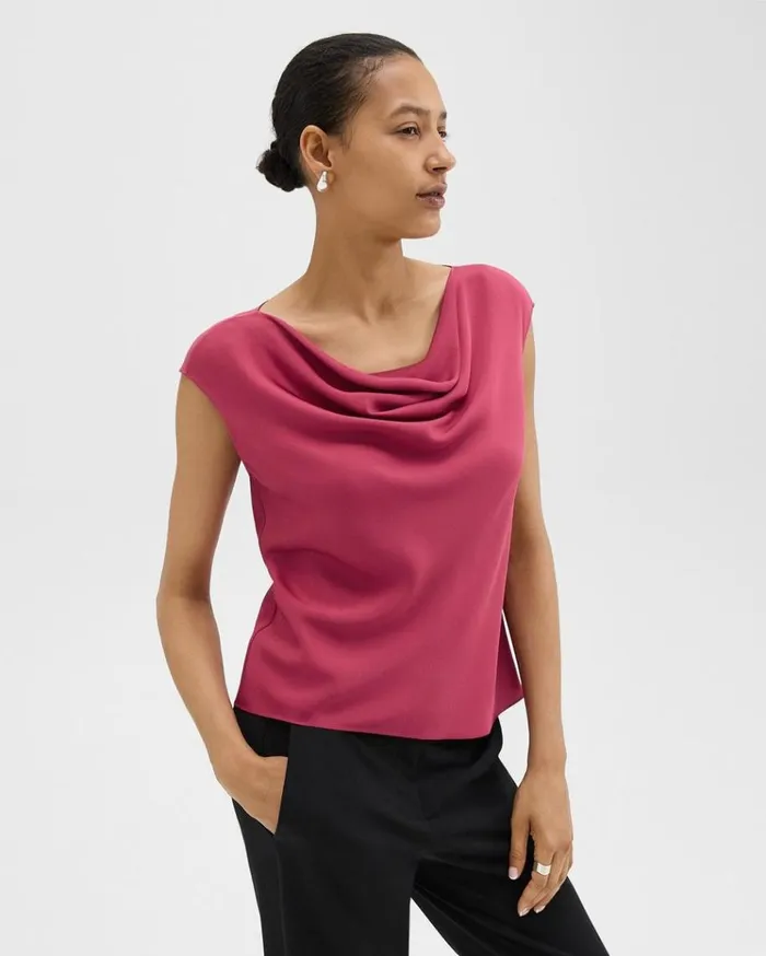 Theory Cowl Neck Top In Silk Georgette Deep Rose Women Tops