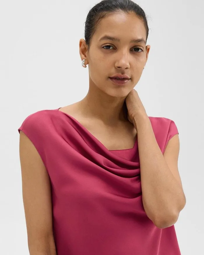 Theory Cowl Neck Top In Silk Georgette Deep Rose Women Tops