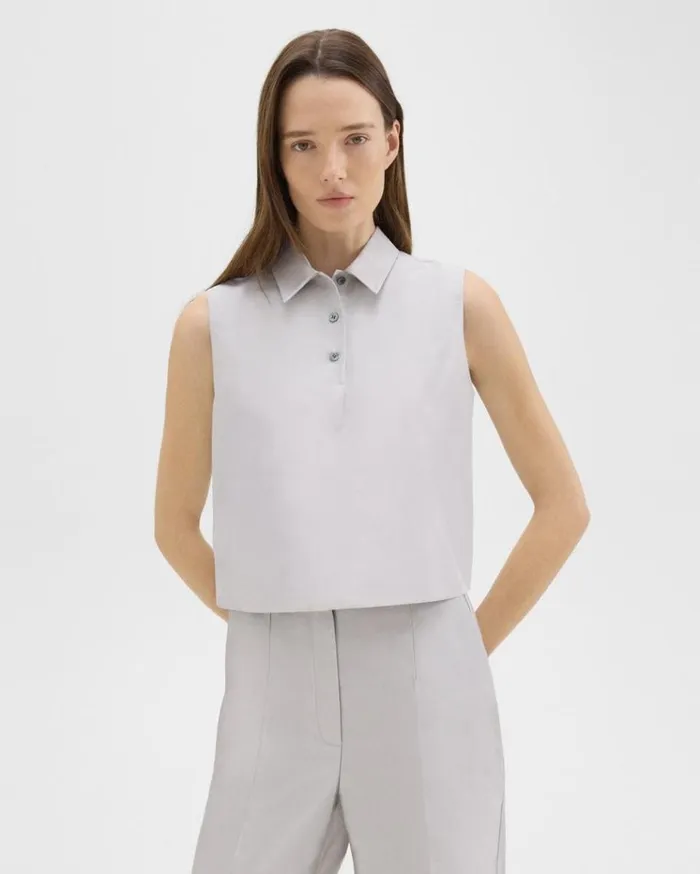 Theory Cropped Sleeveless Polo In Metallic Silk Twill Ice Grey Women Tops