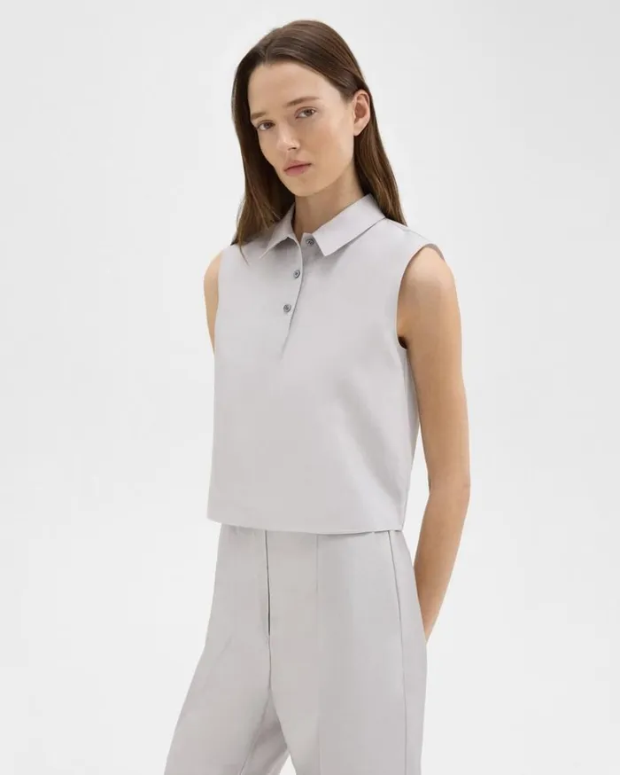 Theory Cropped Sleeveless Polo In Metallic Silk Twill Ice Grey Women Tops Theory Cropped Sleeveless Polo In Metallic Silk Twill Ice Grey Women Tops