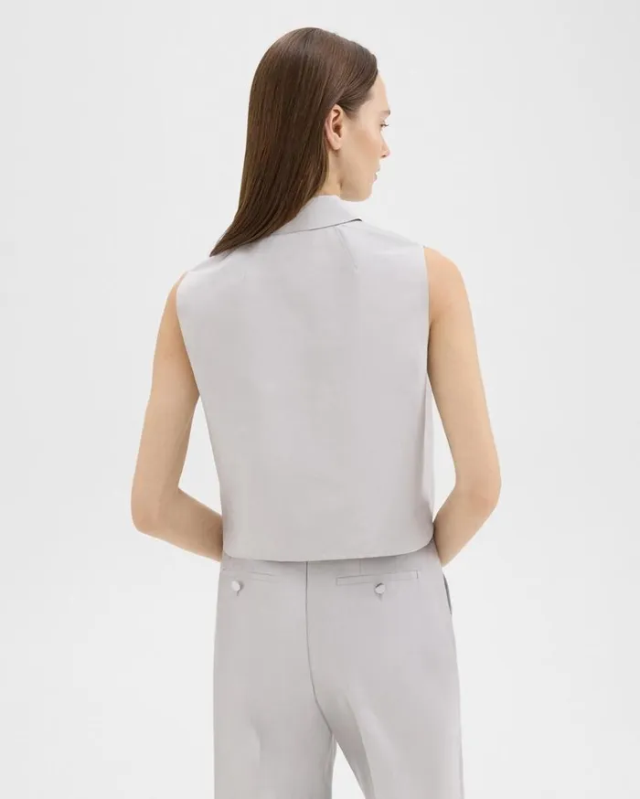 Theory Cropped Sleeveless Polo In Metallic Silk Twill Ice Grey Women Tops Theory Cropped Sleeveless Polo In Metallic Silk Twill Ice Grey Women Tops