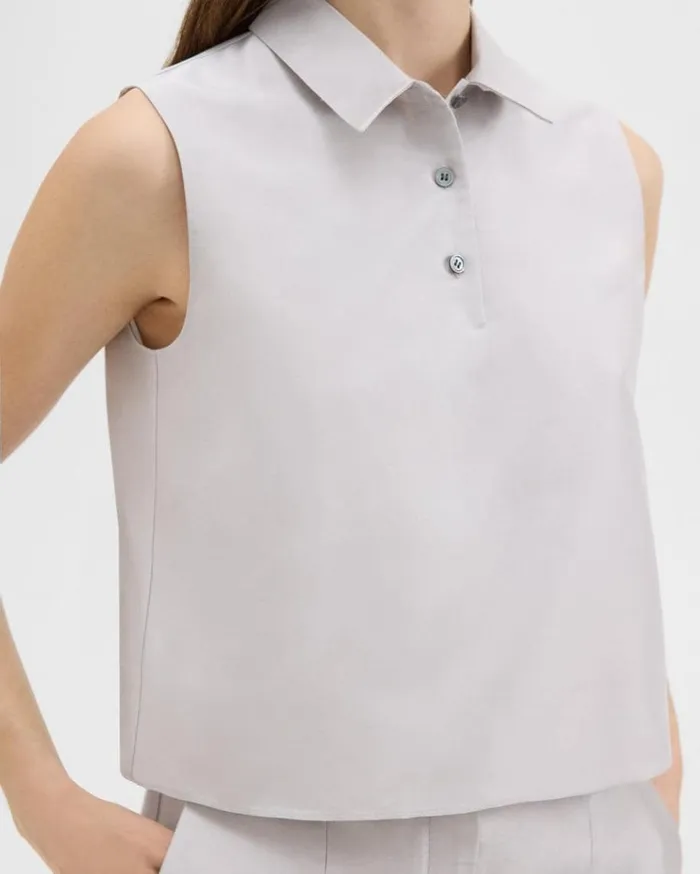 Theory Cropped Sleeveless Polo In Metallic Silk Twill Ice Grey Women Tops Theory Cropped Sleeveless Polo In Metallic Silk Twill Ice Grey Women Tops