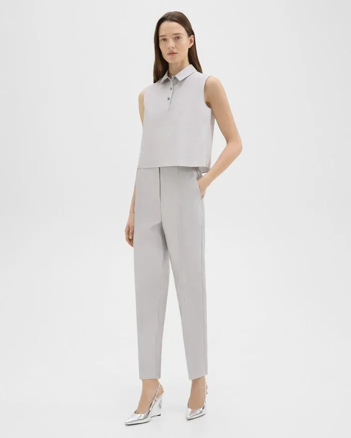 Theory Cropped Sleeveless Polo In Metallic Silk Twill Ice Grey Women Tops Theory Cropped Sleeveless Polo In Metallic Silk Twill Ice Grey Women Tops