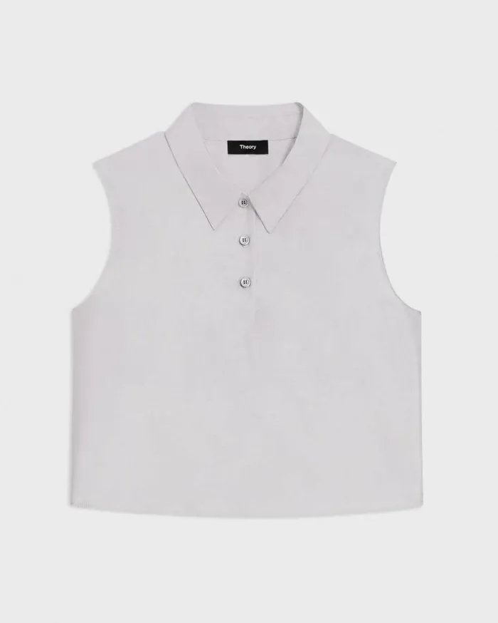 Theory Cropped Sleeveless Polo In Metallic Silk Twill Ice Grey Women Tops Theory Cropped Sleeveless Polo In Metallic Silk Twill Ice Grey Women Tops