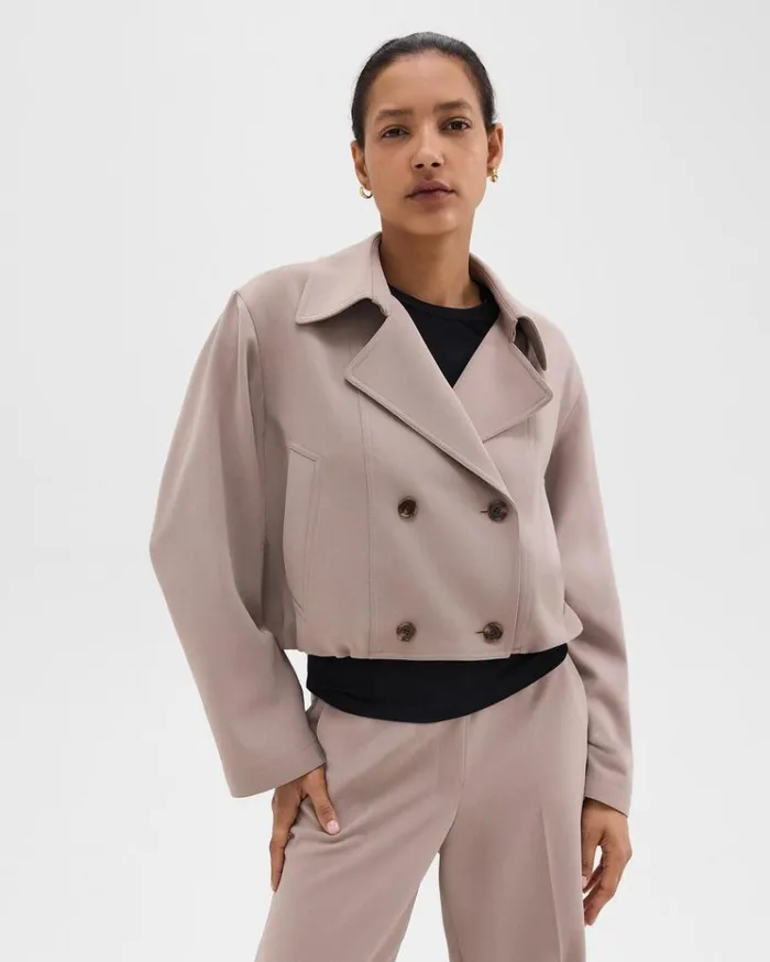 Theory DoubleBreasted Crop Trench In Admiral Crepe Cinder Women Outerwear