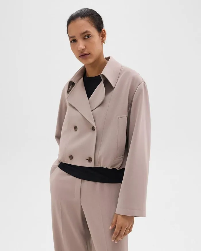 Theory DoubleBreasted Crop Trench In Admiral Crepe Cinder Women Outerwear