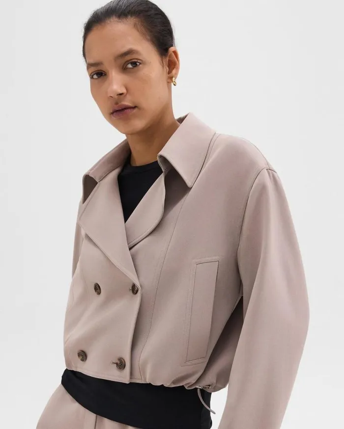 Theory DoubleBreasted Crop Trench In Admiral Crepe Cinder Women Outerwear