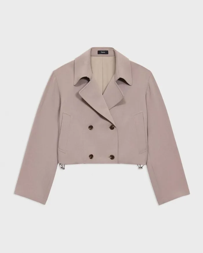 Theory DoubleBreasted Crop Trench In Admiral Crepe Cinder Women Outerwear