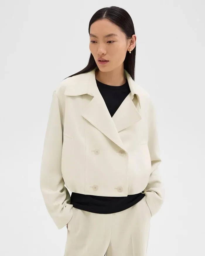 Theory DoubleBreasted Crop Trench In Admiral Crepe Rice Women Outerwear