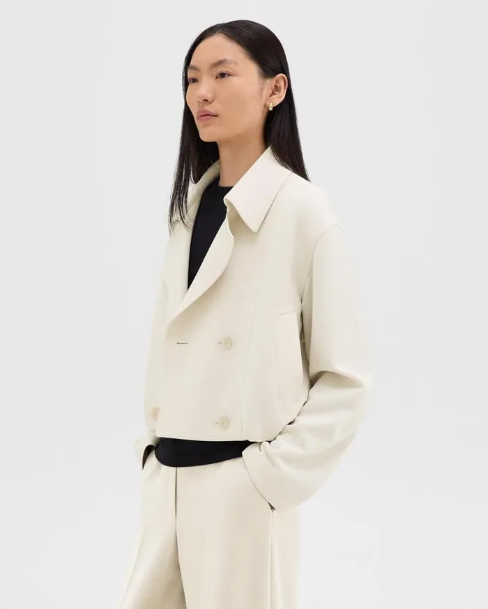 Theory DoubleBreasted Crop Trench In Admiral Crepe Rice Women Outerwear