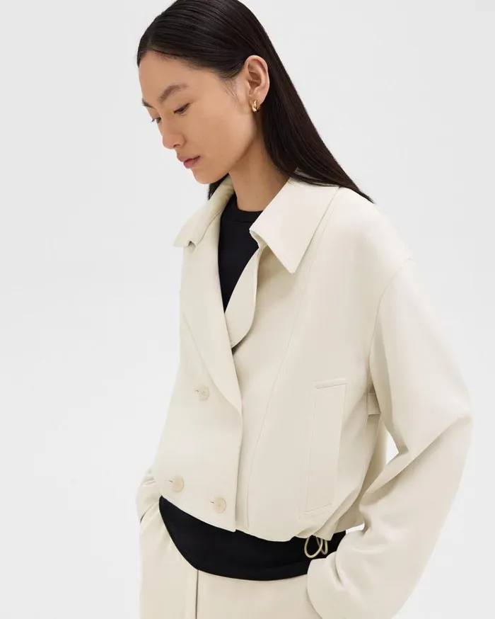 Theory DoubleBreasted Crop Trench In Admiral Crepe Rice Women Outerwear