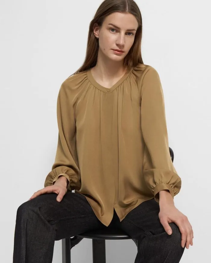 Theory Gathered Shirt In Stretch Silk New Camel Women Tops