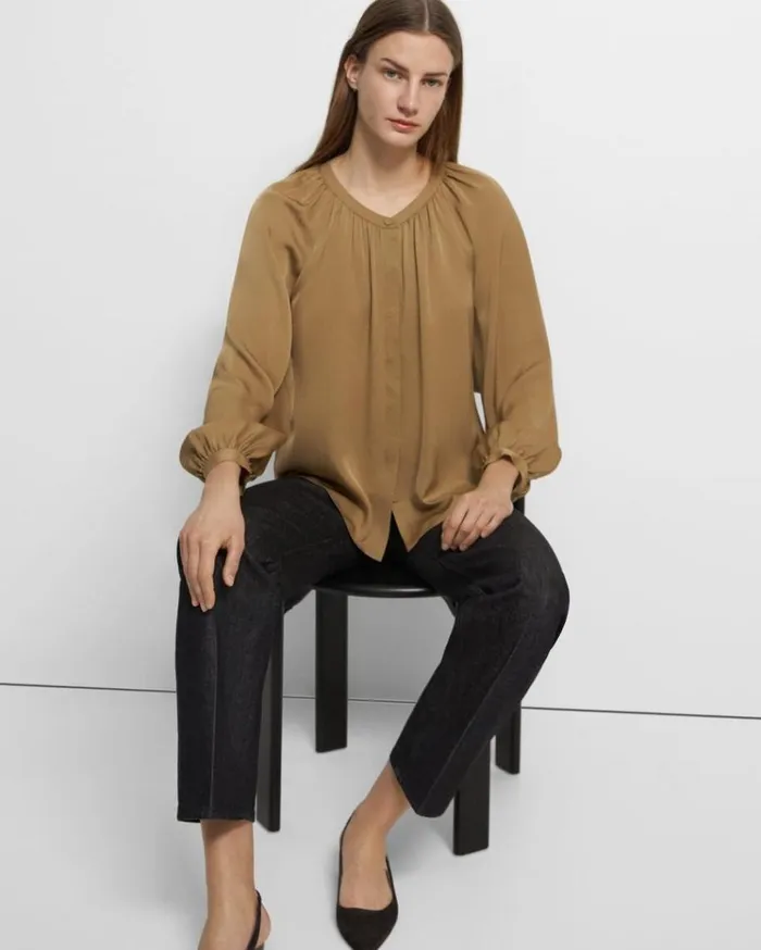 Theory Gathered Shirt In Stretch Silk New Camel Women Tops Theory Gathered Shirt In Stretch Silk New Camel Women Tops