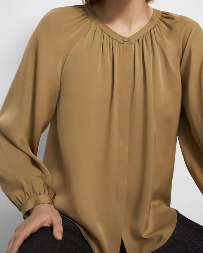 Theory Gathered Shirt In Stretch Silk New Camel Women Tops Theory Gathered Shirt In Stretch Silk New Camel Women Tops