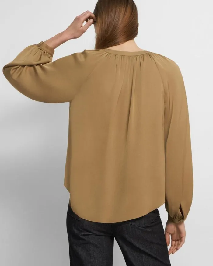 Theory Gathered Shirt In Stretch Silk New Camel Women Tops Theory Gathered Shirt In Stretch Silk New Camel Women Tops