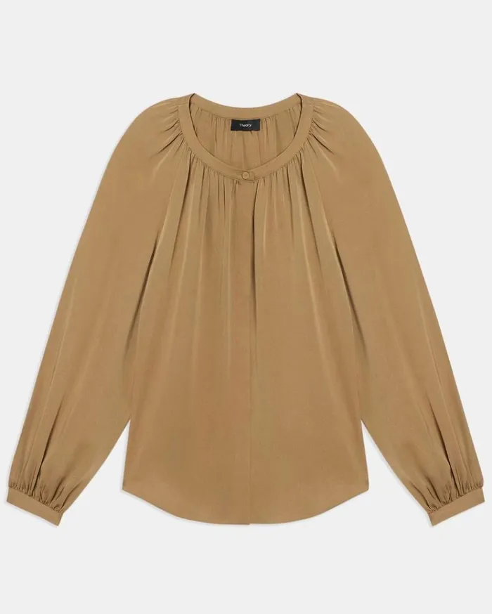 Theory Gathered Shirt In Stretch Silk New Camel Women Tops Theory Gathered Shirt In Stretch Silk New Camel Women Tops