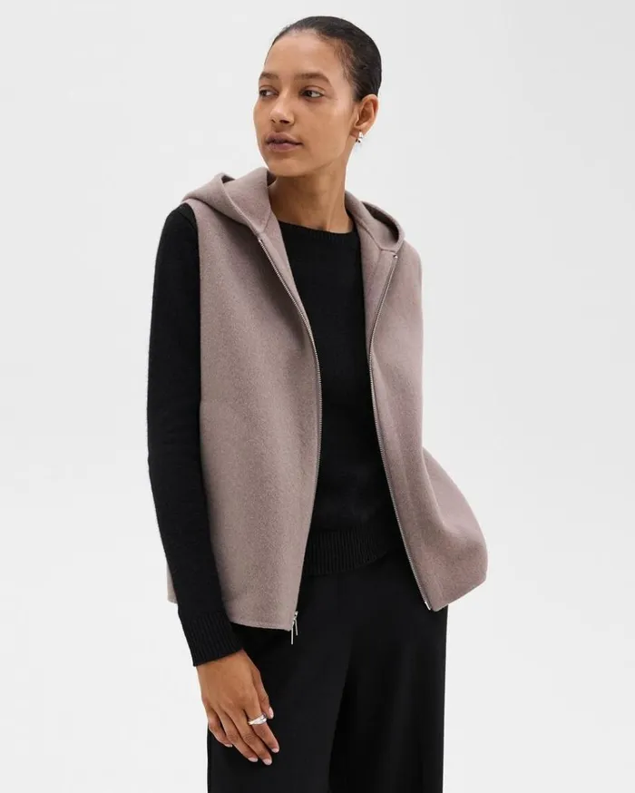 Theory Hooded ZipUp Vest In DoubleFace WoolCashmere Cinder Melange Women Outerwear Theory Hooded ZipUp Vest In DoubleFace WoolCashmere Cinder Melange Women Outerwear