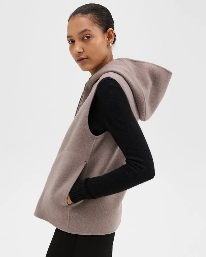 Theory Hooded ZipUp Vest In DoubleFace WoolCashmere Cinder Melange Women Outerwear