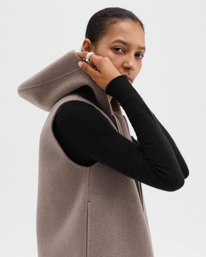 Theory Hooded ZipUp Vest In DoubleFace WoolCashmere Cinder Melange Women Outerwear