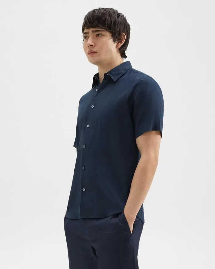 Theory Irving ShortSleeve Shirt In Relaxed Linen Baltic Men Shirts Theory Irving ShortSleeve Shirt In Relaxed Linen Baltic Men Shirts