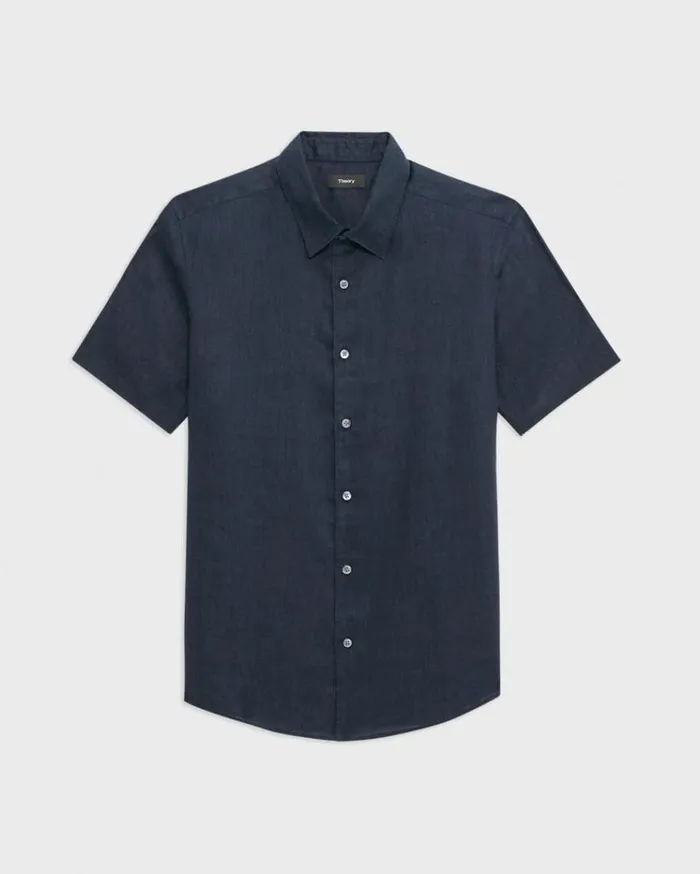 Theory Irving ShortSleeve Shirt In Relaxed Linen Baltic Men Shirts Theory Irving ShortSleeve Shirt In Relaxed Linen Baltic Men Shirts