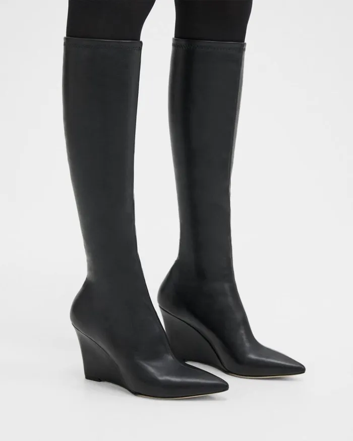 Theory KneeHigh Wedge Boot In Leather Black Women Shoes