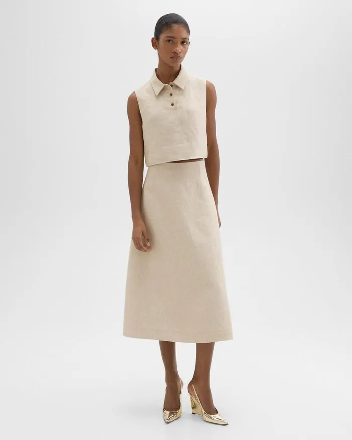 Theory Midi Circle Skirt In Basket Weave Linen Straw Women Skirts