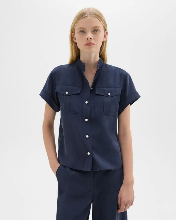 Theory Military Shirt In Fluid Twill Nocturne Navy Women Tops