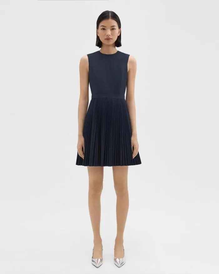 Theory Pleated Mini Dress In Sleek Poplin Nocturne Navy Women Dresses