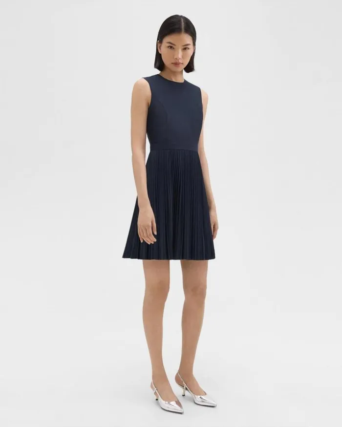 Theory Pleated Mini Dress In Sleek Poplin Nocturne Navy Women Dresses Theory Pleated Mini Dress In Sleek Poplin Nocturne Navy Women Dresses