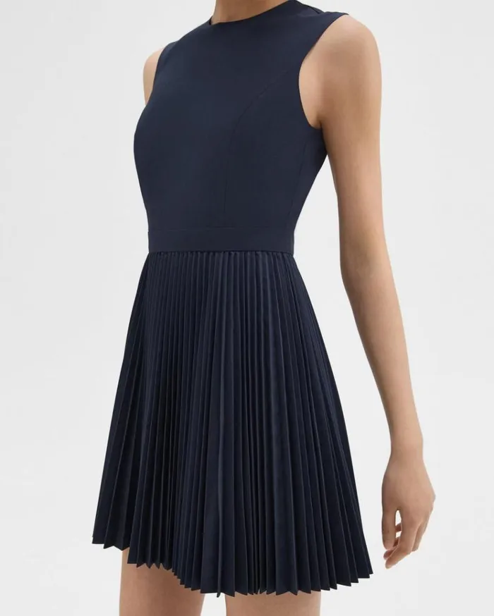 Theory Pleated Mini Dress In Sleek Poplin Nocturne Navy Women Dresses Theory Pleated Mini Dress In Sleek Poplin Nocturne Navy Women Dresses