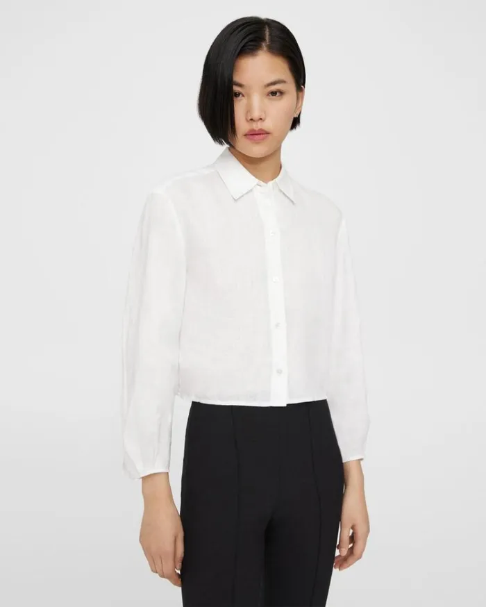 Theory Pleated Shirt In Relaxed Linen White Women Tops