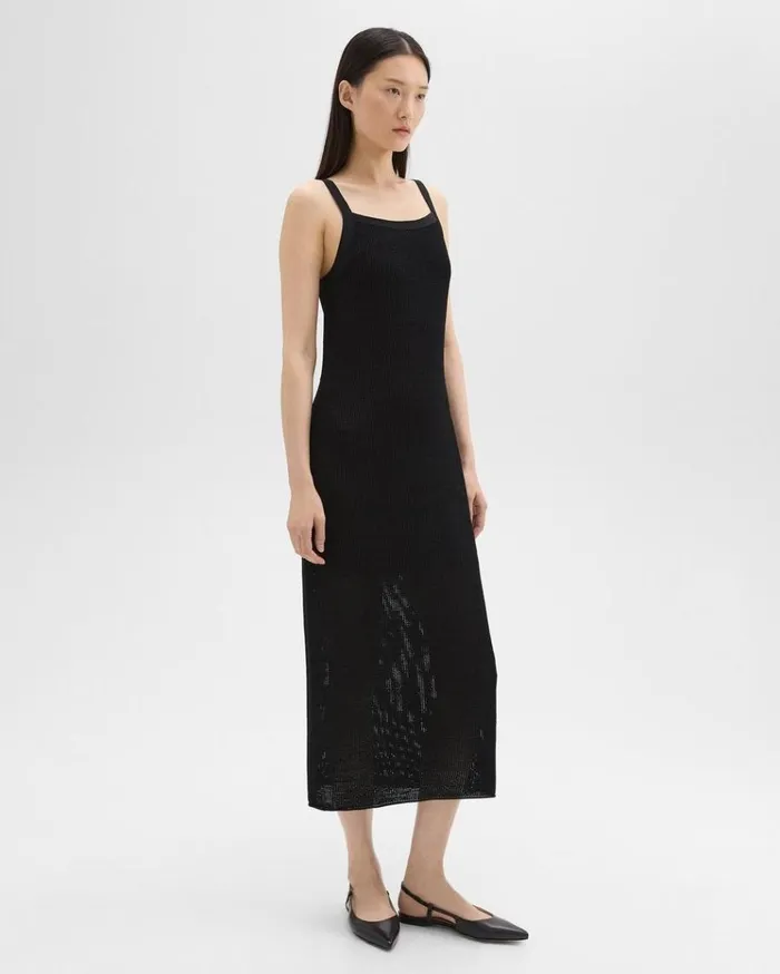 Theory Pointelle Midi Dress In Crepe Knit Black Women Dresses Theory Pointelle Midi Dress In Crepe Knit Black Women Dresses