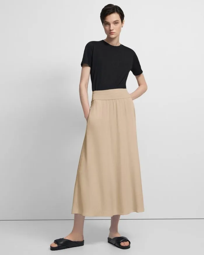 Theory Ribbed Waist Volume Skirt In Silk Taupe Women Skirts
