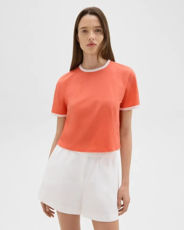 Theory Ringer Tee In Organic Cotton Bright Coralwhite Women TShirts Tank Tops